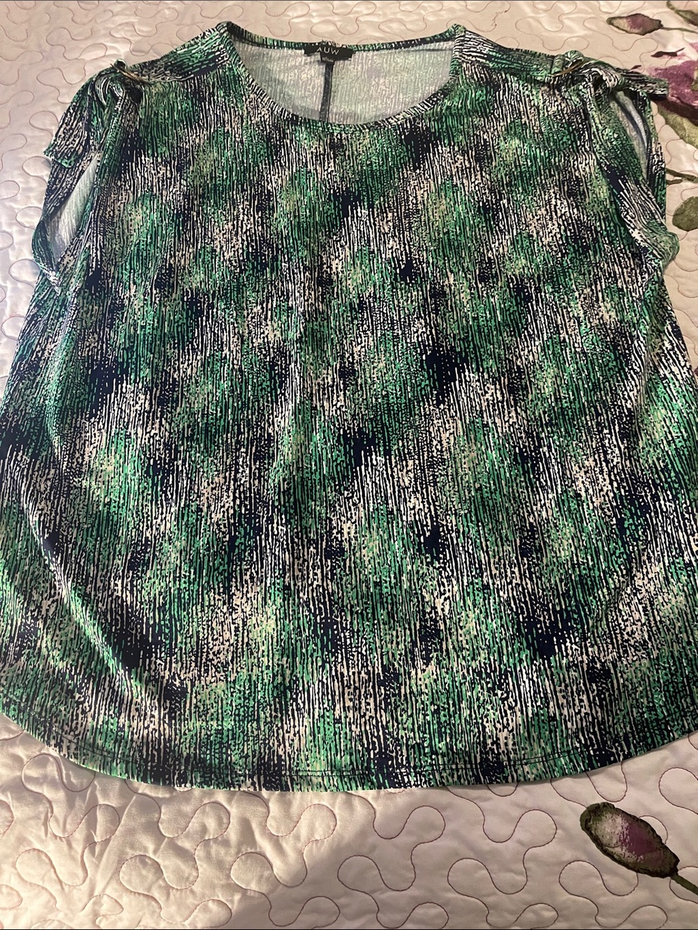 Worthington Green Patterned Short-Sleeve Tie-Shoulder Blouse
